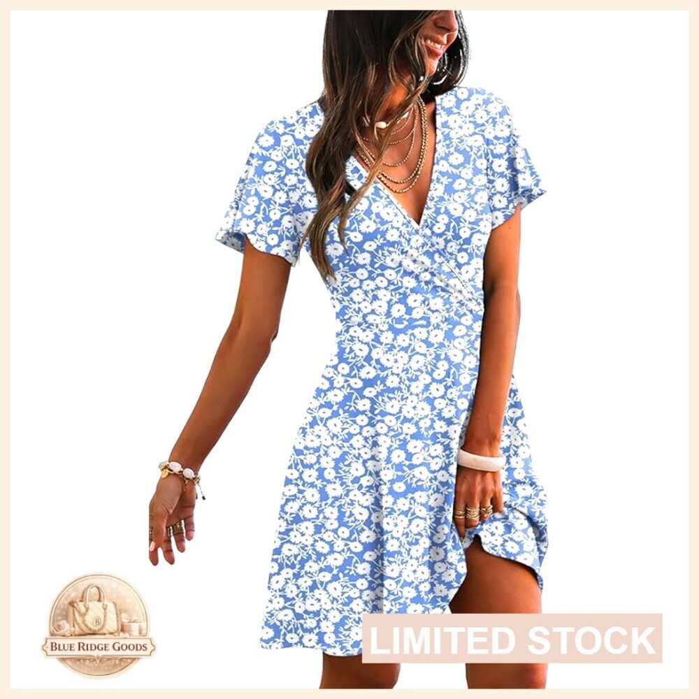 Wrap V-Neck A-Line Dress Ruffle Sleeve Summer Casual Sundress Chic